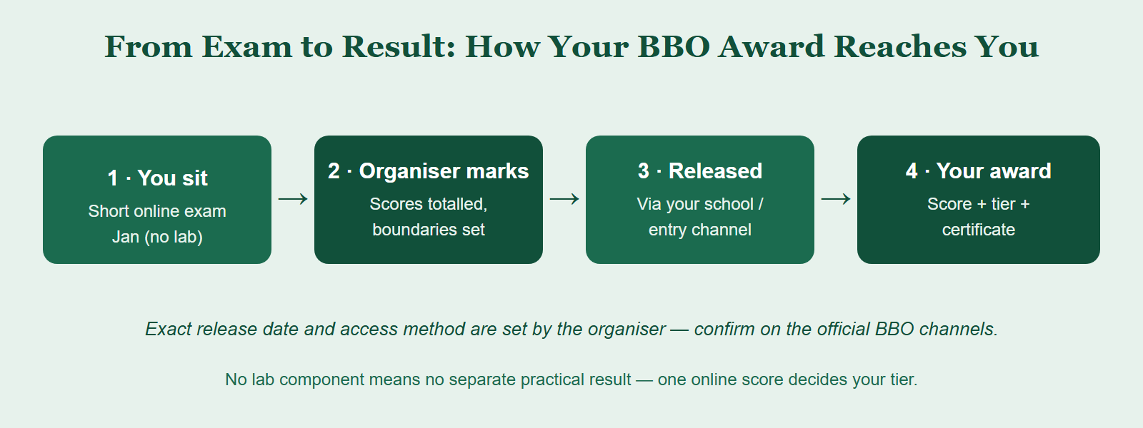 Flow from sitting the BBO exam in January, through organiser marking and boundary setting, to results released via your school or registration channel, then your award certificate