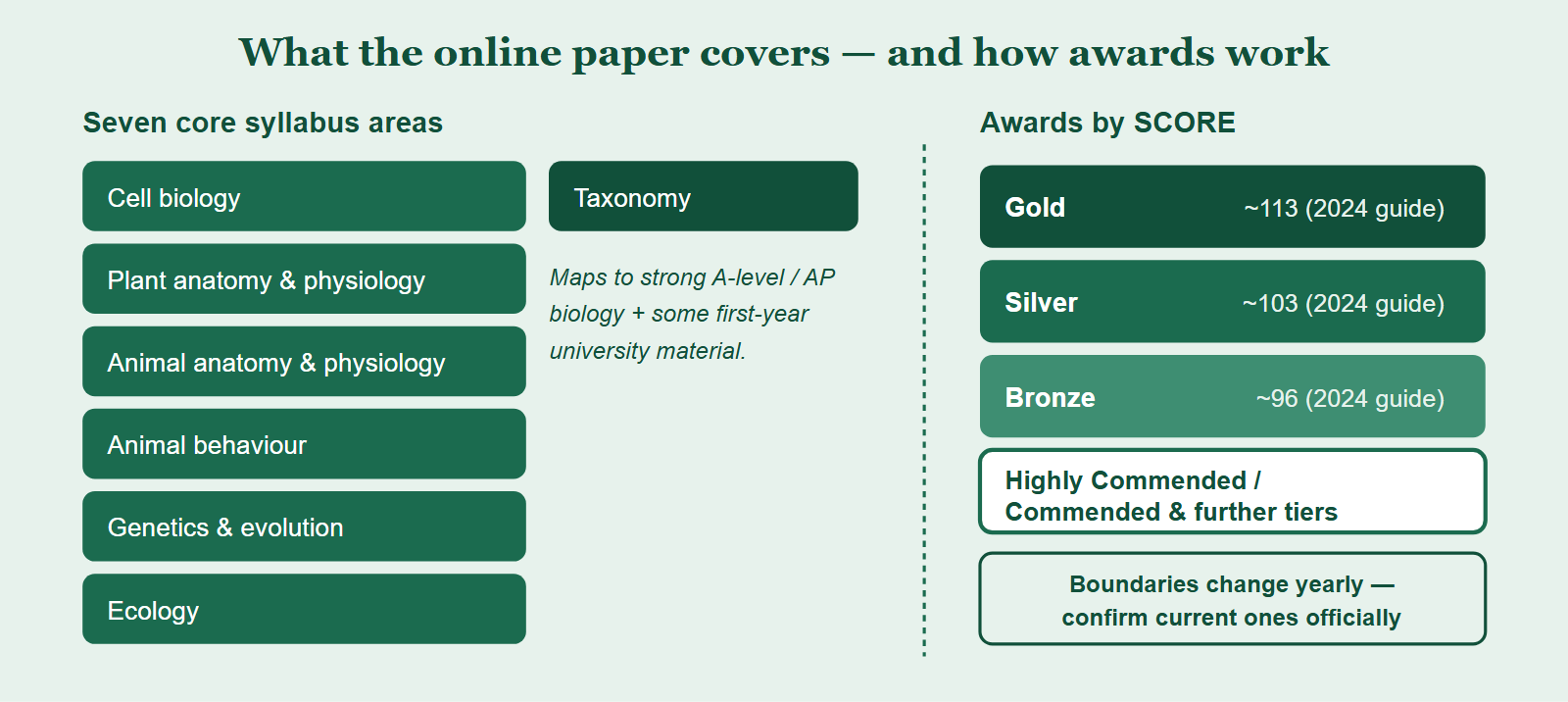 Breakdown of the seven BBO syllabus areas and the score-based award tiers, with a note that boundaries change yearly.