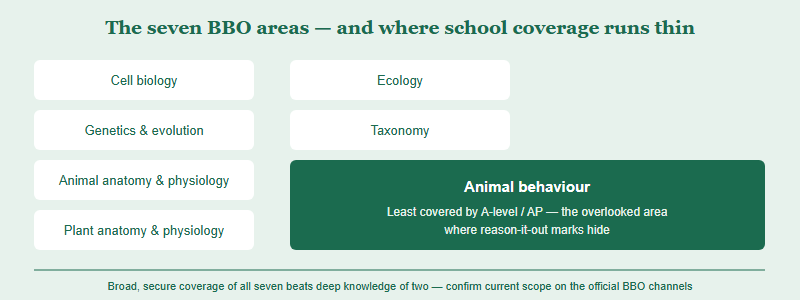 Diagram showing that animal behaviour sits inside the seven BBO core areas and is the area least covered by typical A-level and AP courses