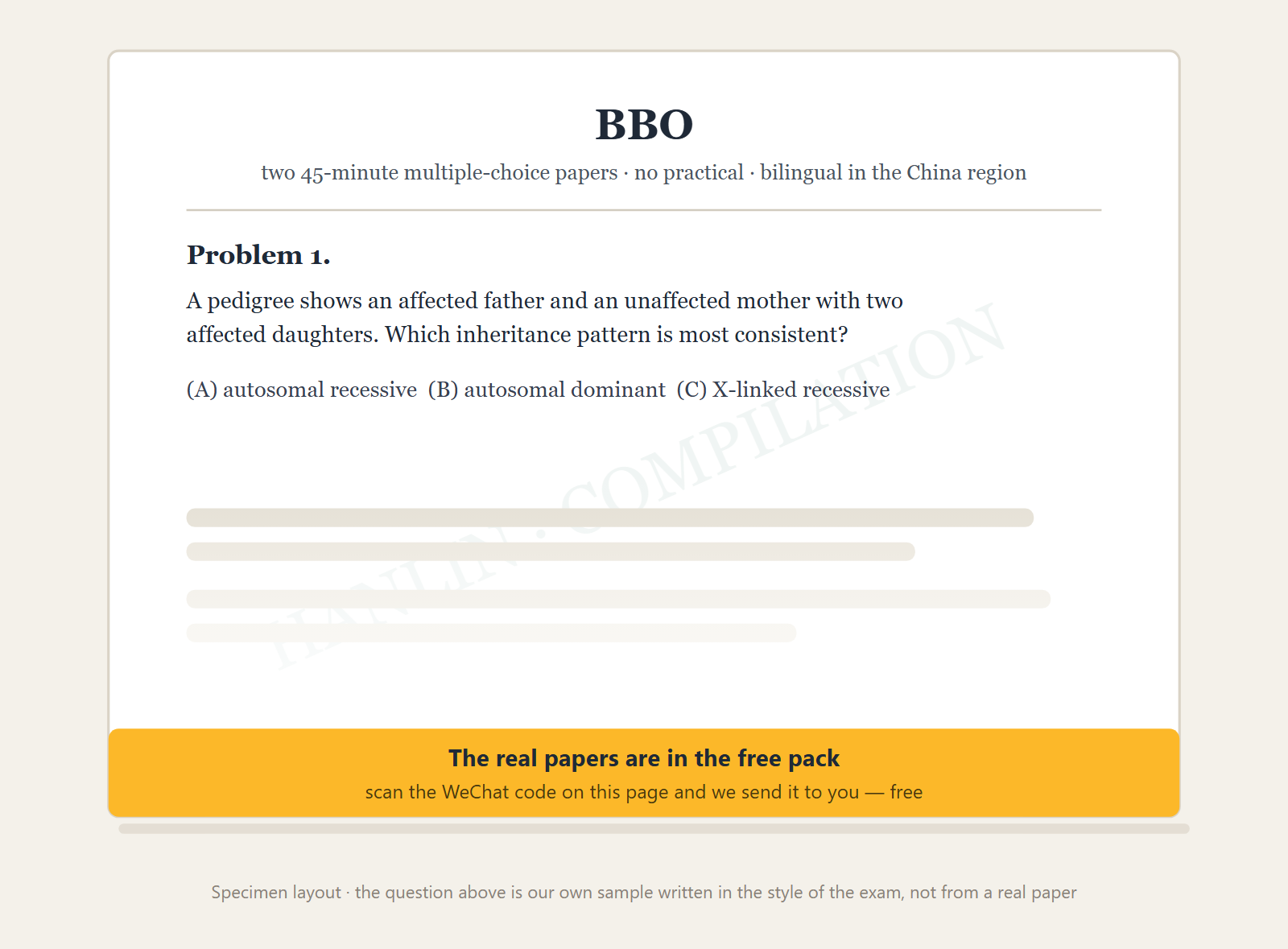 Specimen layout of a compiled BBO paper page: two 45-minute multiple-choice papers with no practical, bilingual in the China region, showing a sample question written in the style of the exam with later problems fading out.