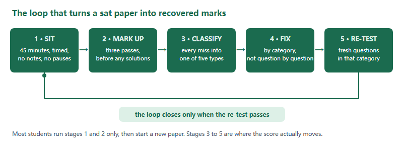 Five-stage past-paper review loop: sit the paper timed, mark up in three passes, classify every miss, fix by category, then re-test with fresh questions before looping back