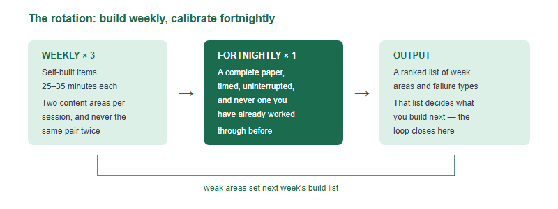 A weekly practice rotation. Three sessions of self-built items covering different content areas feed into one fortnightly timed session using a complete paper, which produces a ranked list of weak areas and failure types that determines what gets built the following week.