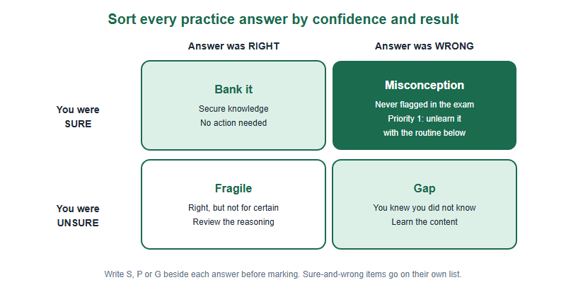 Confidence grid for sorting practice answers. Sure and right: bank it. Unsure and right: fragile knowledge, review the reasoning. Unsure and wrong: a gap, learn the content. Sure and wrong: a misconception, the highest priority, unlearn it with a dedicated routine.
