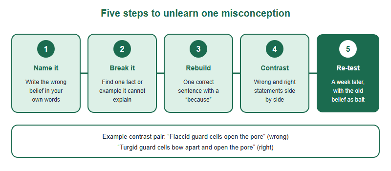 Five-step routine for unlearning a misconception: write the wrong belief down in your own words, find the evidence that breaks it, rebuild the correct because sentence, build a contrast pair of wrong and right statements side by side, and re-test a week later with a question in which the old belief is an attractive option.